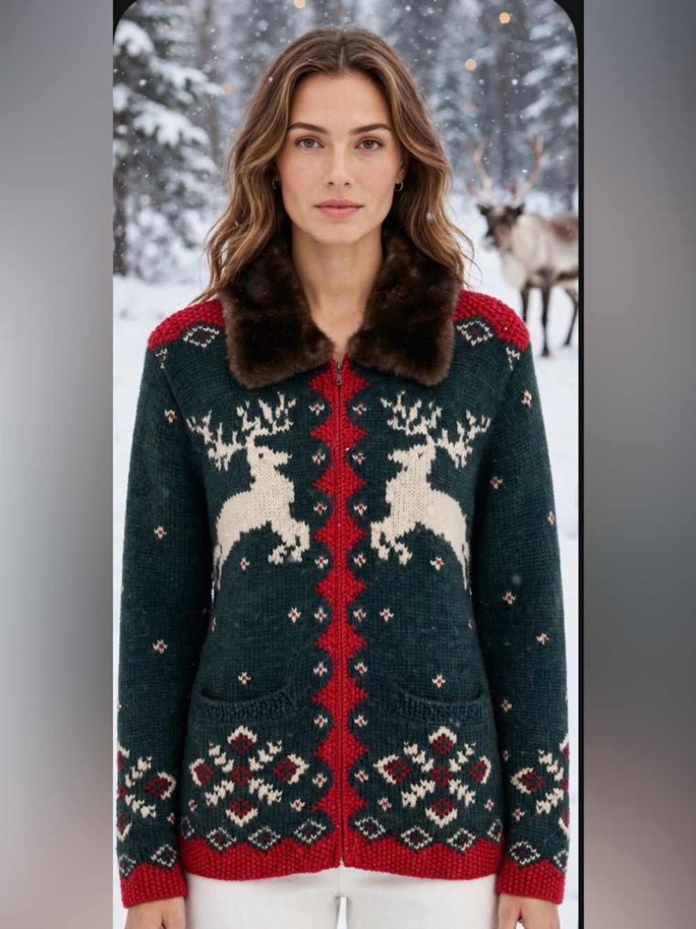 Vintage 100% Wool Lauren Ralph Lauren Green and Red Reindeer Sweater Sz. S